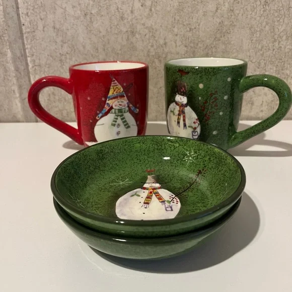 Oneida Sakura Christmas Snowman Red and Green Mug and Bowl Set Great Condition - Picture 1 of 11